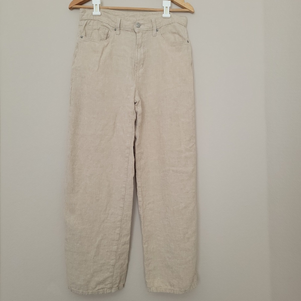 Gap Pull On Wide Leg Pants Womens Size 8 Beige Linen Blend Boho Lounge Zip Up